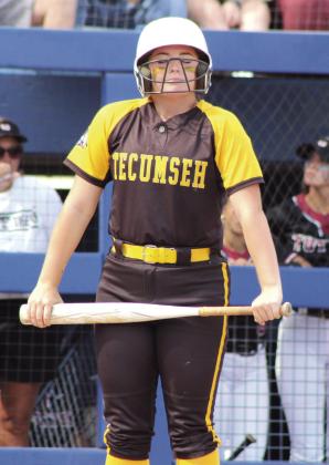 Tecumseh senior Maggie Wilson works on her visualization before slapping a single in the seventh inning.