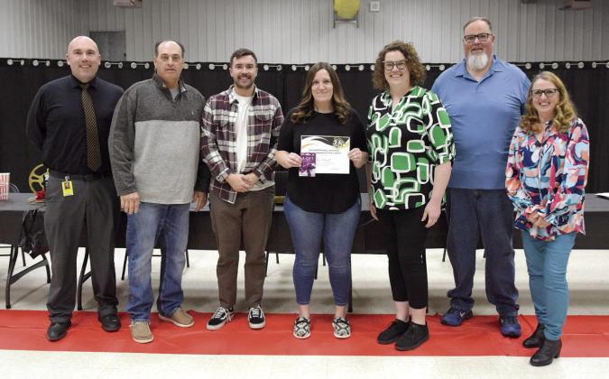 From left: Robert Kinsey (Superintendent), Todd Kennedy (Board President), Dylan Hays (Board Member), Erin Ashcraft (Support Person for February), Alisha Jonker (Cross Timber’s Principal), Tim Underwood and Iva Bingham (board members). Countywide &amp; Sun/Julie Talton