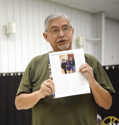 Victor Cope brings attention to Tecumseh School board member, Nicole Sanchez, who was recognized by the Citizen Potawatomi Nation as Citizen of the Year. Countywide &amp; Sun/Julie Talton