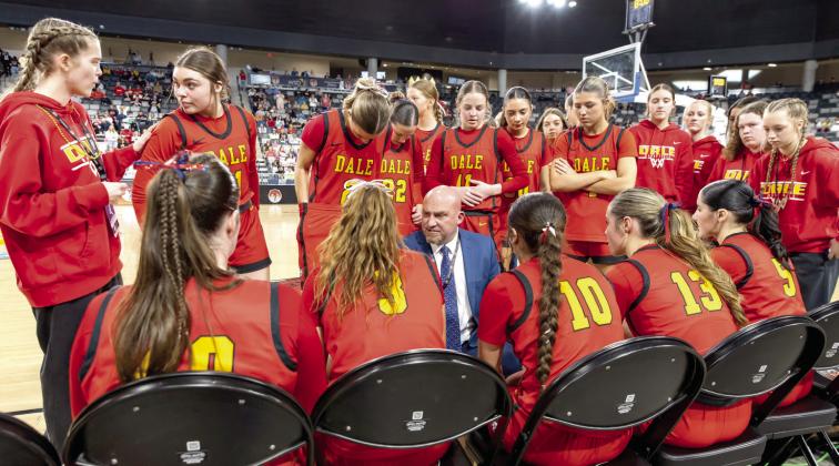 Coach Eric Smith encourages the Lady Pirates during a timeout. Dale lost in the quarterfinals game against Vanoss, 39-44. Photo courtesy of Rick Hester, Lincoln County News