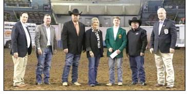 Pictured from left: OYE Vice Chairman Jimmy Harrel, AFR Board Member Ron Ramming, AFR Cooperative Vice President Toby Wallace, Executive Operation Coordinator Ashley White, Taylor Marrs, AFR Cooperative President Scott Blubaugh, and AFR Agent Randy Gilbert.) Photo provided by AFR