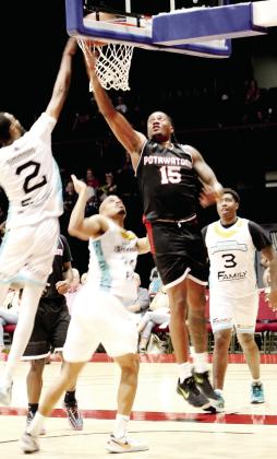 Potawatomi Fire Forward/Center T.J. Maston tries for a basket in the third quarter of the home game with the Wichita Sky Kings on May 25. Maston had 13 points for the game, and the Citizen Potawatomi Nation-owned TBL team won, 118-105. Then, in their last regular-season home game on May 27, they won against the Little Rock Lightning, 133-105. The Fire will play in the first-round Central Area playoffs today (June 1) at FireLake Arena and again on Saturday, if needed, according to www.potawatomifire.com.
