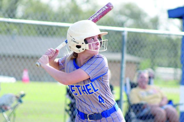 Bethel’s Taylor Boles keeps her eye on the ball during the slow pitch double header with Davenport on April 8. The Lady Wildcats won both games, 12-0 and 10-0. File photo