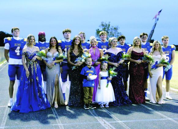 The Bethel High School Homecoming Court poses before the Oct. 31 game against Okmulgee. They are, from left, Zack Jennings, Sophomore Attendant Rylee Gearhardt, Ezra Powis, Queen Candidate Lexi Caudle, Luke Quinter, Queen Lilly Jordan, Wyatt McClintock, Returning Queen Presley McClintock, Zack Griffith, Queen Candidate Shailyn White, Leighton Swegheimer, Junior Attendant Alexia Blizzard, Zane Anderson, Freshman Attendant Paislee Arnold and Gavin Lynch. In front are Beau Mendenhall and Brynlee Mendenhall.