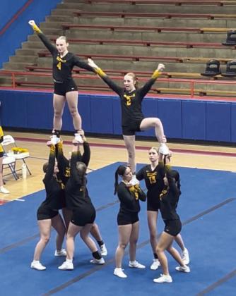 The Tecumseh Stunt Team performs a pyramid during competition held Tuesday, Mar. 25 at Chandler High School. Photo provided