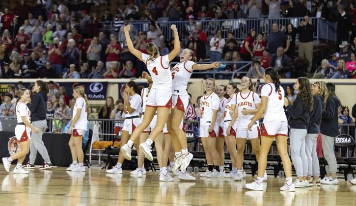 Dale Lady Pirates Ava Bell (#4) and Teague Muncy (#25) celebrate after their win over Merritt in the quarter-finals of the State Tournament. The Lady Pirates won 66-33. Photos courtesy of Rick Hester, Lincoln County News