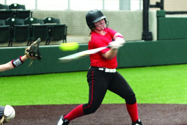 Macomb freshman Paitynn Daily takes her turn at bat during the Macomb Fast Pitch Tournament against LeFlore at Firelake Ball Fields on Aug 29. Macomb won this game 7-2. They played Mill Creek twice, losing, 5-6, on Aug 29 and winning, 11-1, on Aug 30. They also played Earlsboro on Aug 30, losing 0-9. Cheyanna Dietz, Countywide &amp; Sun