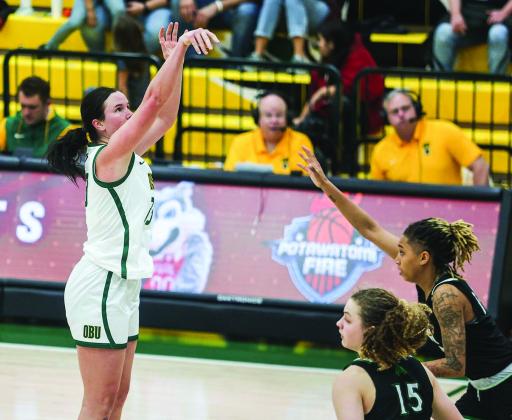 OBU Freshman, Jaedyn Getman, lifts a shot toward the goal in action against Arkansas-Monticello on Saturday at the Noble Complex. Getman scored 22 points to lead the Lady Bison to a 67-58 win. Photo provided