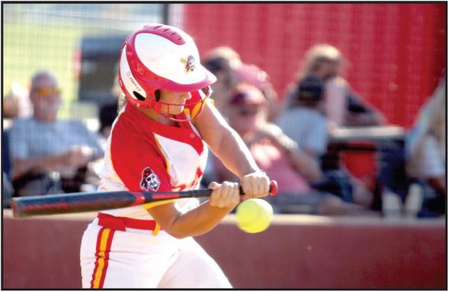 Dale’s Kaylyn Solis prepares for a hit in one of two games with Pawhuska during the Class 2A OSSAA Fast-Pitch Super Regionals on Oct. 3. The Lady Pirates won both games.
