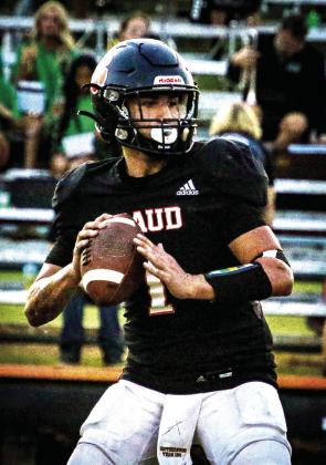 Maud sophomore Trenton Marshall looks for an opening to pass during the home game against Quinton on Sept. 19. The Tigers lost, 0-46. Photo courtesy of Samantha Guinn