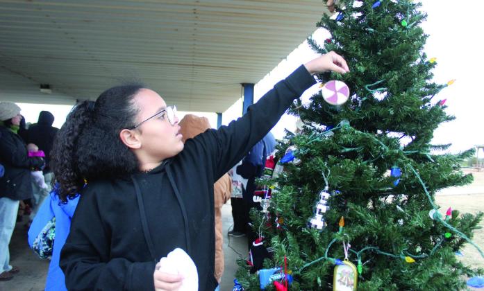 Bri Barnum, 10, of Bethel, hangs her ornament on the Bethel Christmas Tree during the tree lighting ceremony on Dec. 7 at the Community Center Pavilion. See full cutline below.