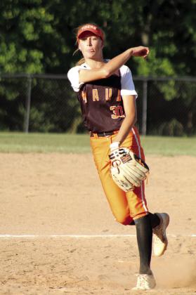 Maud’s Aubrey Williams slings a fastpitch over home during the game against Roff on Sept. 15. Maud lost that game, which went into extended innings, 4-5, but they won an earlier game that day with Paden, 14-0.