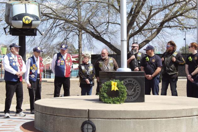 Citizen Potawatomi Nation Color Guard Member and Oklahoma District #10 Tribal Legislator David Barrett, far left, speaks during a stop at Woodland Veterans Park, in Shawnee, for the Ruben Rivers Medal of Honor Ride on March 25, National Congressional Medal of Honor Recipient Day. Barrett said it is a day to reflect on the sacrifices of all veterans and their families.