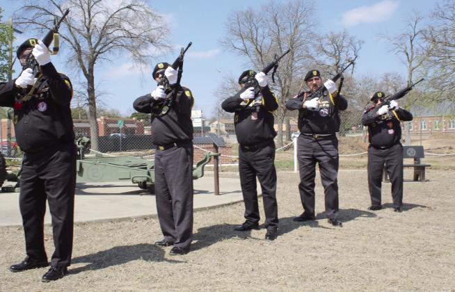 Members of the Seminole Nation Honor Guard give a 21-Gun Salute during a ceremony at Woodland Veterans Park, in Shawnee, March 25, one of the stops on the Ruben Rivers Medal of Honor Ride. March 25 is Medal of Honor Recipient Day. Countywide &amp; Sun/Natasha Dunagan