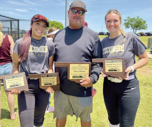 From left Serenity Jacoway, Coach Perry Wilson, Sami Schweighardt pose with their awards from the 2024 All-State games. Photo provided
