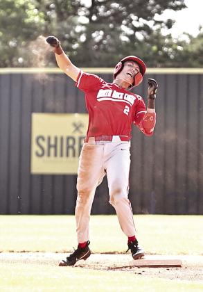 North Rock Creek’s Owen Payne celebrates his double. NRC baseball team took on the Tecumseh Savages Tuesday, June 18, in the summer league. NRC won both games, varsity 14-2 and JV 14-9.