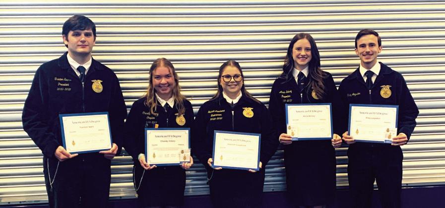 Tecumseh graduates Trenton Sears, Chasidy Vickery, Hannah Giaudrone, Anna Kelsey and Riley Logsdon pose with their American FFA Degrees. These five, out of nine from Tecumseh, attended the National FFA Convention and Expo in October 2022, which was held at Lucas Oil Stadium in Indianapolis. FFA Advisor Dodge Nichols said there were about 35,000 FFA members, family and friends in attendance at the event. Photo provided.