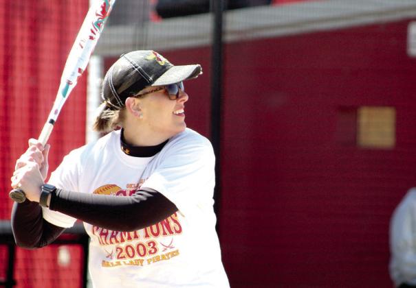 Dale 2004 graduate Mindy (Long) Cannon goes to bat during the First Annual Dale High School Alumni Slowpitch Softball Game on March 18. Cannon was also on the first fastpitch state championship team in 2003, as were four others who attended the event.