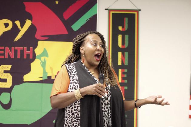 During the Dunbar Heights Community Group Juneteenth Celebration, 'An Evening of Legacy &amp;amp; Light,' Anice Young speaks and sings about growing up in the Dunbar Heights neighborhood on June 17 at the Shawnee Communtiy Center. Natasha Dunagan, Countywide &amp;amp; Sun