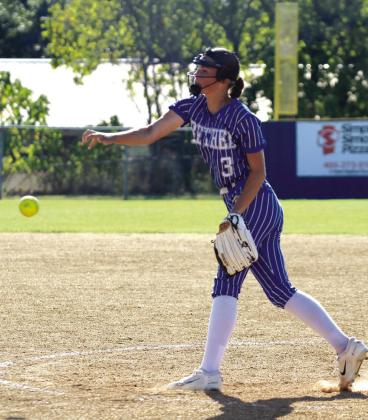 Bethel sophomore Emma Gibson releases the ball to go home in the fourth inning game against Dale.