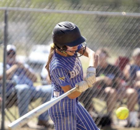 Bethel junior Layla Menhusen makes contact in the Oct. 4 home game with Luther during the Class 3A OSSAA Fast-Pitch Regionals. The Lady Wildcats won that game, 10-2, as well as the Oct. 3 regional game against Lexington, which was 19-2. They will compete in the super regionals today (Oct. 10) in Silo at noon and 2 pm, with the “if necessary” game on Oct. 11 at noon. Countywide &amp; Sun/ Natasha Dunagan