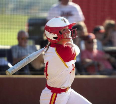 Dale’s Reese Herring hits a double in one of two games with Pawhuska during the Class 2A OSSAA Fast-Pitch Super Regionals on Oct. 3. The Lady Pirates won both games, 16-0 and 16-0. They will begin state tournament competition today (Oct. 10), 1:30 pm, at Devon Park (formerly USA Softball Hall of Fame) in OKC. Should they win that game and the Friday game at 4 pm, the State Championship game will be on Oct. 12 at 5 pm in the same location. Countywide &amp; Sun/Natasha Dunagan