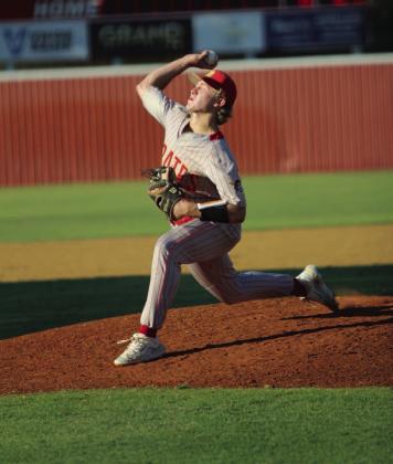 Dale junior Denton Forsythe slings the ball toward the catcher’s glove in one of two games with Clayton/Buffalo Valley during the Class 2A OSSAA Regional Tournament on Oct. 3. The Pirates won both games, 16-0 and 13-1. Countywide &amp; Sun/Natasha Dunagan