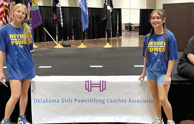 Bethel junior high students, Corley Steward and Stohri Reynalds placed 11th and 13th, respectively, at the OGPCA State Powerlifting competition. They are the first girl powerlifters to compete at state for Bethel. Photo provided.