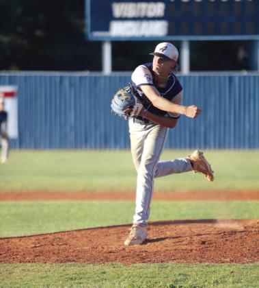 Asher senior Kelby Fowler hurls the ball home in the Sept. 5 Vanoss game during the Asher Festival of Champions baseball tournament. The Indians won that game, 8-3, and also against Ross, 8-1.