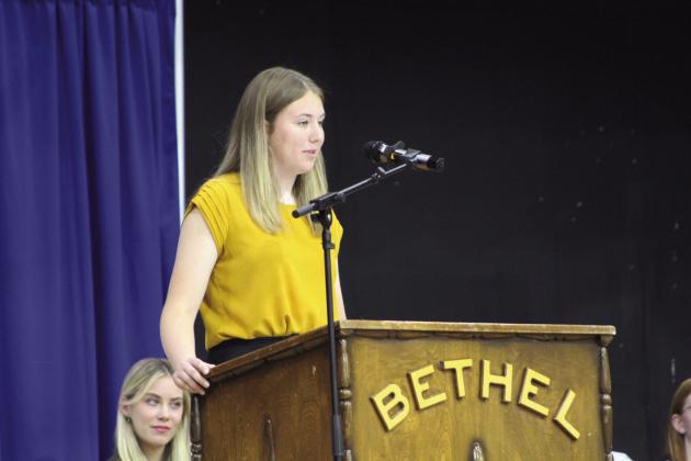 Bethel senior and daughter of a veteran, Cadence Treece, speaks during Bethel High School’s Veterans Day Program on Nov. 11 in the Old Gym. Countywide &amp;amp; Sun/Natasha Dunagan