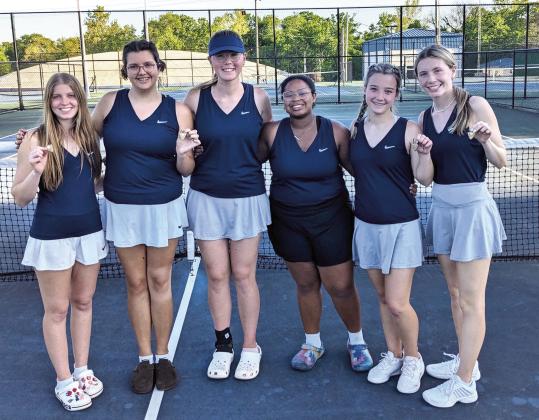 Shawnee High School Girls Tennis Team members pictured from left: Junior 2 doubles Bella Koepke 4th place; Junior 2 doubles Lexy Canaday 4th place; Senior 2 singles Allison Holter 6th place; Senior 1 singles Olivia Stevenson 6th place; Senior 1 Doubles Mia Jennings 4th place; and Senior 1 doubles Anna Jordan 4th place. Photo provided