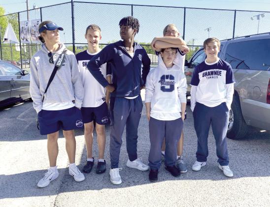 The Shawnee Boys Tennis Team pose after competing in the NGB Tennis Tournament on April 29. Shown are Bryce Comstock, Hagen Wells, Kelon Chandler, Carter Schollenbarger, back, Benji Cole and Austin Yates. Photo provided.