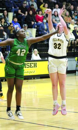 Tecumseh senior Reagan Berry sinks her jump shot at the end of the second quarter of the Jan. 9 home game with Jones. The Lady Savages lost, 31-41. Countywide &amp;amp; Sun/Natasha Dunagan