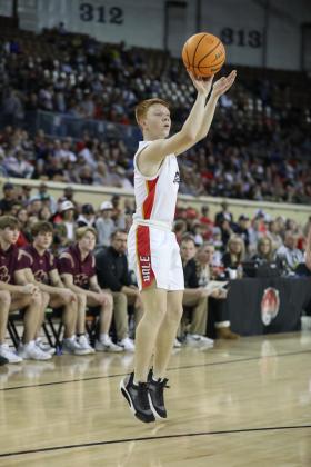 Freshman Easton Edmonson makes the first three points of the game for Dale. Photo provided.