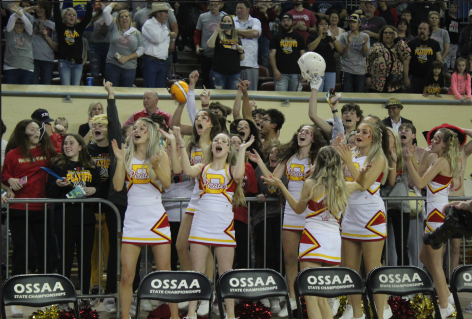 The Dale Cheerleaders, students and fans celebrate the Dale Pirates’ win against Cashion following the Class 2A State Tournament championship game on March 12 at the Fairgrounds Arena in OKC. Dale won 65-58. Countywide &amp; Sun/Natasha Dunagan