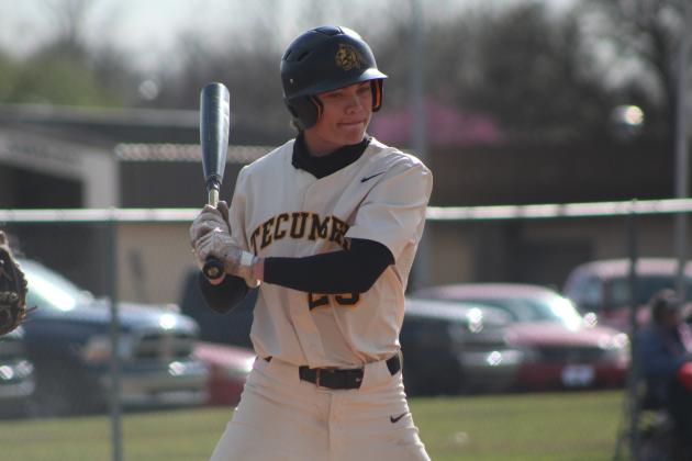 Tecumseh senior Jaxon Meyers keeps his eye on the ball and ends up walking during the first inning of the home game against Hilldale.