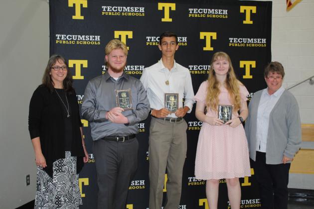Tecumseh Academic Team Top 3 Awards were presented by Robin Haworth, left, and Toni Henry, far right, to Walker Moose, Logan Haworth, and Elizabeth Kipps.