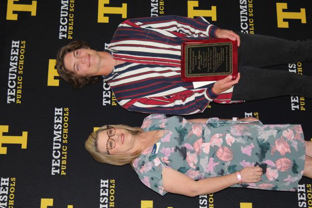 The Tecumseh Star Savage Award was presented to Jaxon Meyers by BancFirst's Kellie Clay.