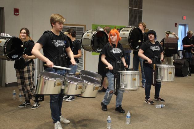 The Shawnee High School Band Drum Line performed during Relay for Life on May 6 at the Heart of Oklahoma Conference Center. Shown, front row from left, are Aaron Rother, Erin LaBar, Sarah Winn, back row, Helena Todd, Chiara Carpenter, Jaiden Evans, and Thurman Lee.