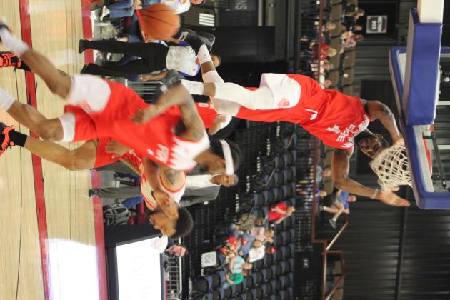 Potawatomi Fire Forward Mustapha Traore slams in a rebound during the fourth quarter of the home game against the Rockwall 7ers on May 6 at FireLake Arena. The Fire won 124-116. According to their website, potawatomifire.com, Traore scored 41 of those points.