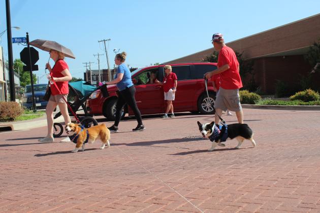 Shawnee City Commission Ward 5 candidate Joey Ward, far right, and his wife, Stacy Ward, far left, walk Corgis Daphne and Sparky, as their daughter, Kaitlin Gonzalez, pushes a stroller in the Juneteenth Parade in downtown Shawnee on June 18.