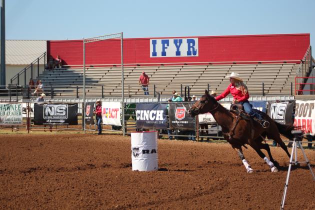Matraya Haynes, of Maud, competes in barrel racing.