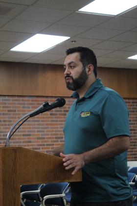 Victor Leo Reyes, co-owner of Taco Boy Taqueria, speaks about the semi trucks that have been turning around in their parking lot during the Tecumseh City Council Meeting on July 5. Reyes was also granted a Conditional Use Permit to sell beer and wine. Countywide &amp; Sun/Natasha Dunagan