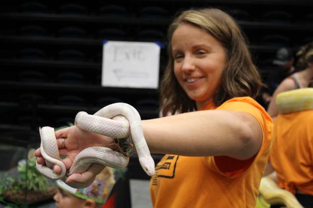 Laura Wells holds an albino king snake.