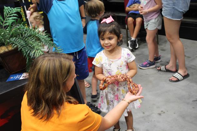 Volunteer Laura Wells assists Esmee Pineda, 3, of OKC, in holding a corn snake.