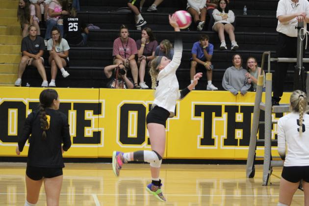 Tecumseh senior Koree Thompson smacks the ball back over the net during the home game against Seminole on Aug. 18. The Lady Savages won all three of their matches: 25-19, 25-14, and 25-11. Countywide &amp; Sun/Natasha Dunagan