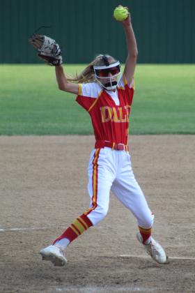 Dale freshman Mika Monroe. winds up for the pitch in the fourth inning of the Dale Fastpitch Festival game with El Reno on Sept. 16. The festival was held at FireLake Ball Fields, and Dale won that game, 8-0,  and the next game with Whitesboro, 5-4. They also won on Sept. 15 against Shattuck and Kremlin-Hillsdale. Tecumseh, Bethel and McLoud also participated in the festival, as well as several other teams from around the area. Countywide &amp; Sun/Natasha Dunagan