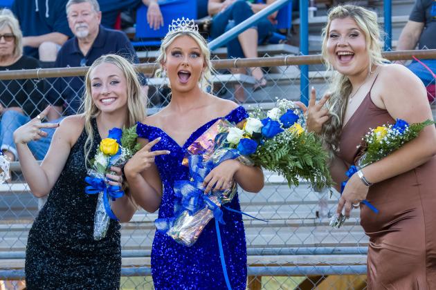 Bethel Fall Homecoming Queen Candidates Bella Thomas, left, and Annie Compton, right, pose with Queen Kloee Nichols following the ceremonies on Sept. 16. Photo provided by Richelle Treece.