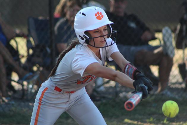 Maud's Janlee Impson bunts for a double during the fastpitch home game against Bowlegs on Aug. 25. Maud won 11-0, but lost to Moss the following day, 0-6. Countywide &amp; Sun/Natasha Dunagan