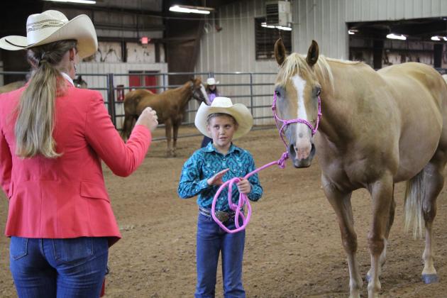 Pharra Neiman, 9, of Tecumseh 4-H, listens to instructions from 4-H &amp; FFA Horse Show Judge Sarah Paige Tarr, a senior at OSU, during the Pottawatomie County Free Fair on Sept. 8. Neiman has won seven first place awards and two second place awards with her Palamino gelding, "Cowboy," said her mother, Shiane Neiman. Countywide &amp; Sun/Natasha Dunagan